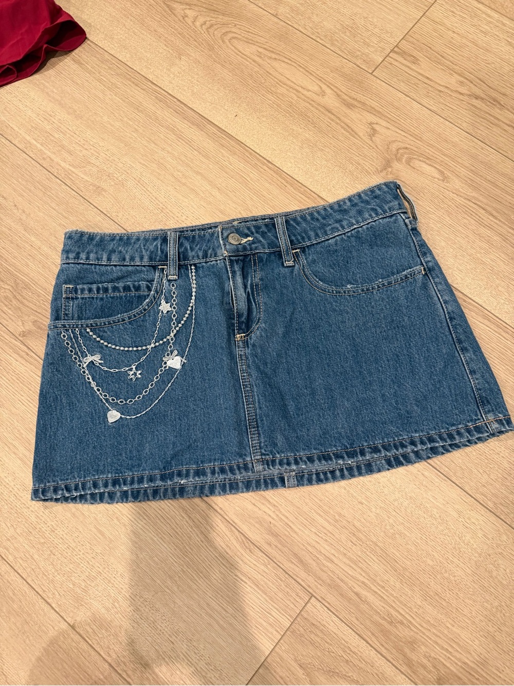 Hollister Denim Mini Skirt with White Chain Embroidery